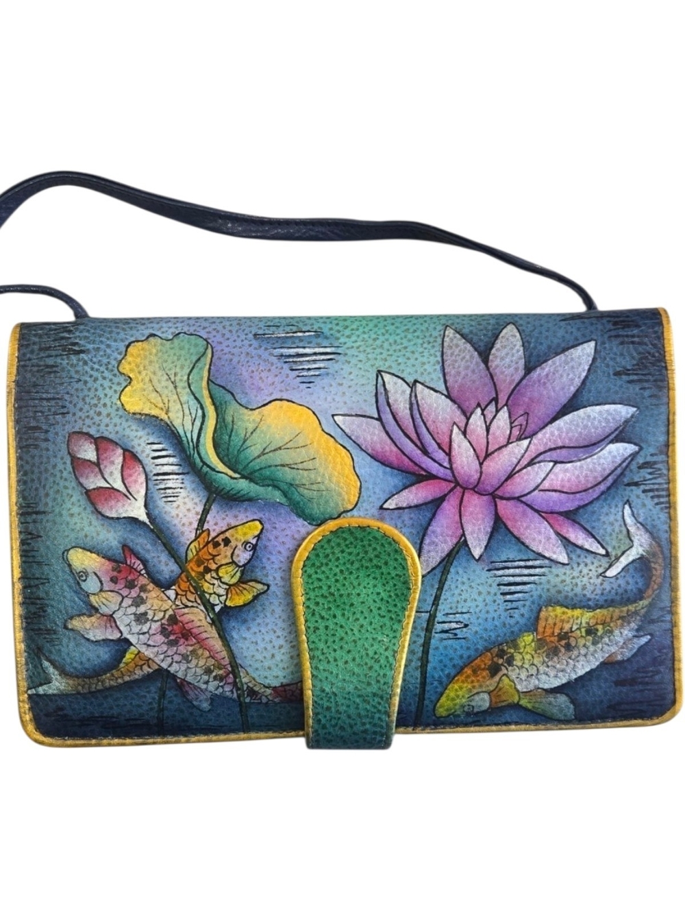 Anuschka Leather Crossbody Wallet Bag Hand Painted Koi Fish Lotus Flower Floral